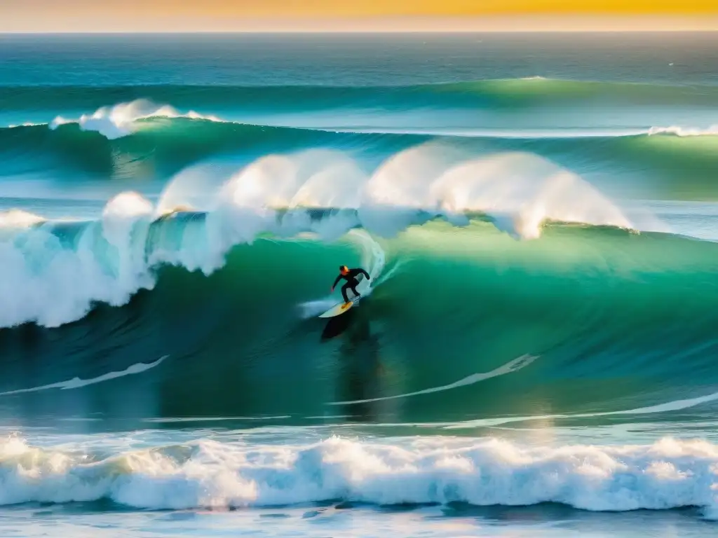 Surf clásico en Uruguay: surfistas en longboards retro surfeando olas al atardecer en Punta del Este