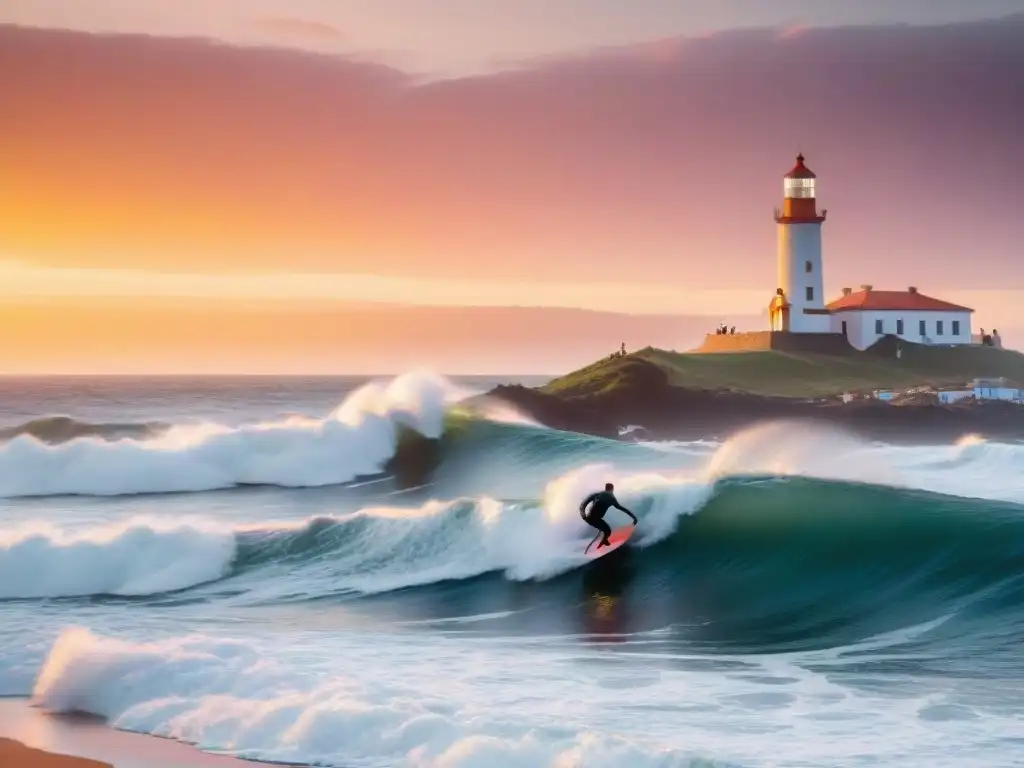 Surf ecológico en Uruguay: Surfistas cabalgan olas al amanecer en Punta del Este, con el faro icónico de fondo