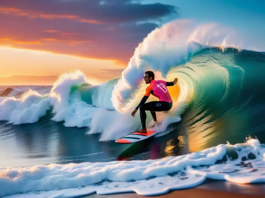 Surf en Uruguay: Leyendas locales - Silueta de legendario surfista uruguayo cabalgando ola al atardecer