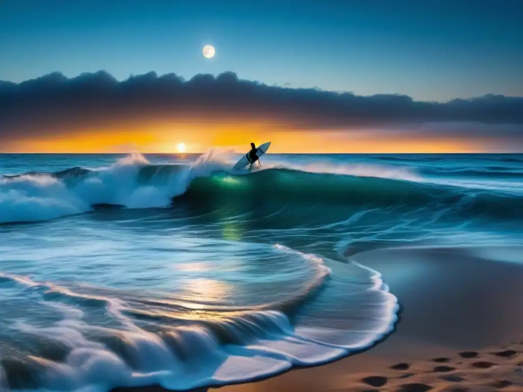 Surf nocturno en Uruguay: un solitario surfer en una playa iluminada por la luna y olas bioluminiscentes