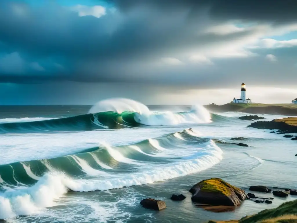 Surf en Uruguay: Leyendas olas - Surfistas cabalgando olas gigantes en Punta del Diablo, bajo un cielo dramático con el icónico faro de fondo