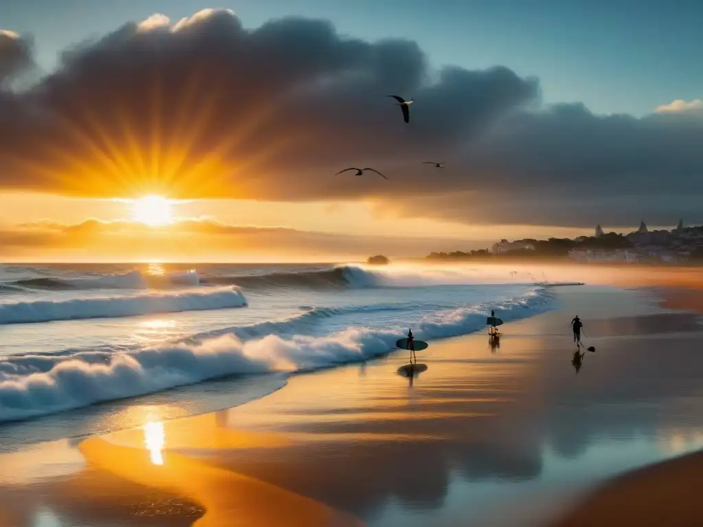 Fotografía de surf en la orilla de Uruguay capturando la hora dorada con surfistas y gaviotas en un paisaje sereno y vibrante