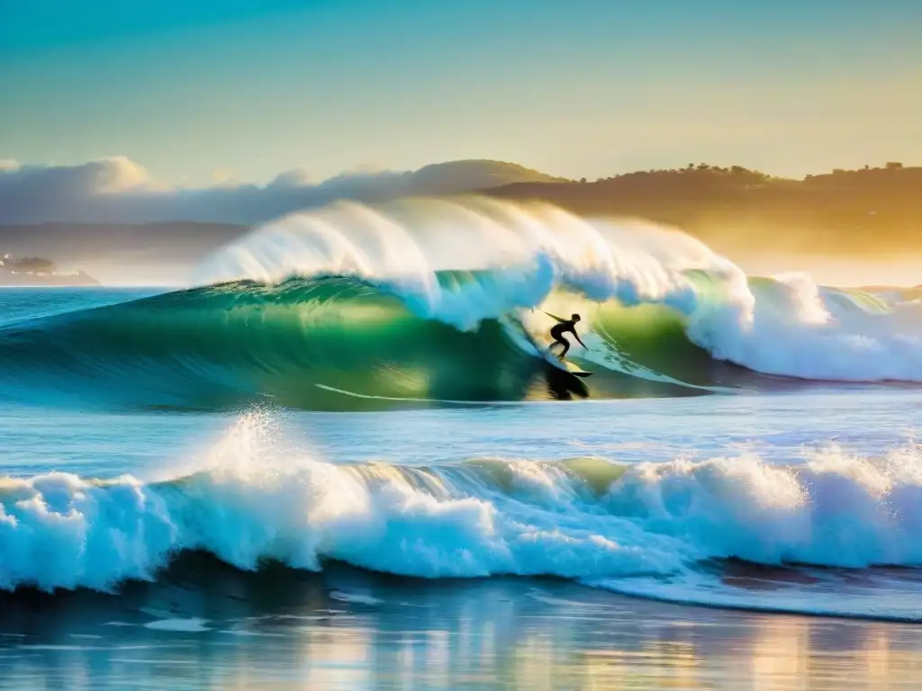 Fotografía de surf en la orilla de Punta del Este, Uruguay, captura la emoción al atardecer