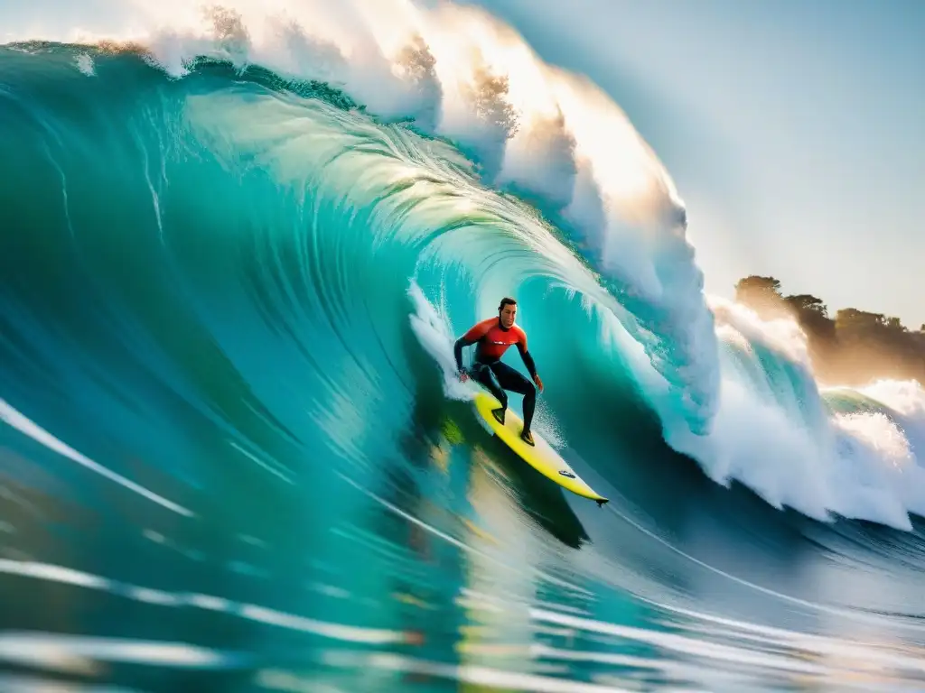 Surf en La Paloma Uruguay: Surfista hábil domando ola gigante con equilibrio perfecto y colores vibrantes