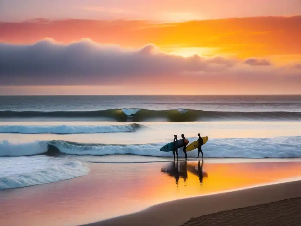 Surf en Punta del Este: Surfistas surfeando al atardecer en La Barra Beach, Uruguay, bajo un cielo naranja y rosa vibrante