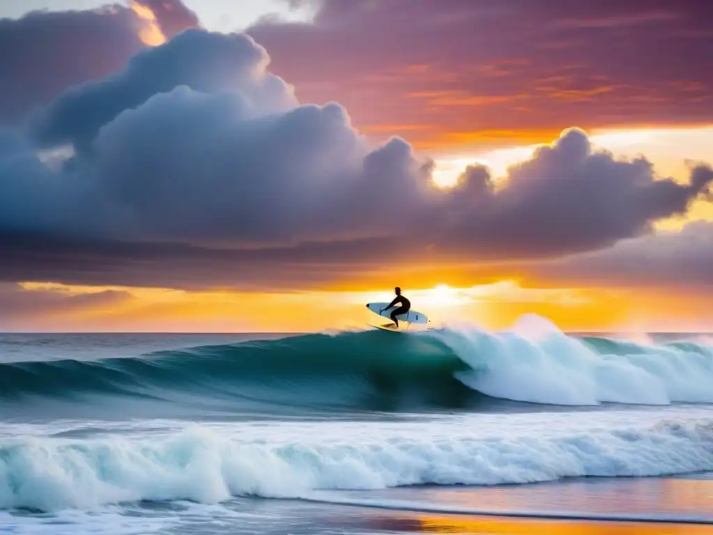 Surf en Punta del Este: Surfistas expertos cabalgan olas gigantes al atardecer en Playa Brava, creando una escena impresionante y emocionante