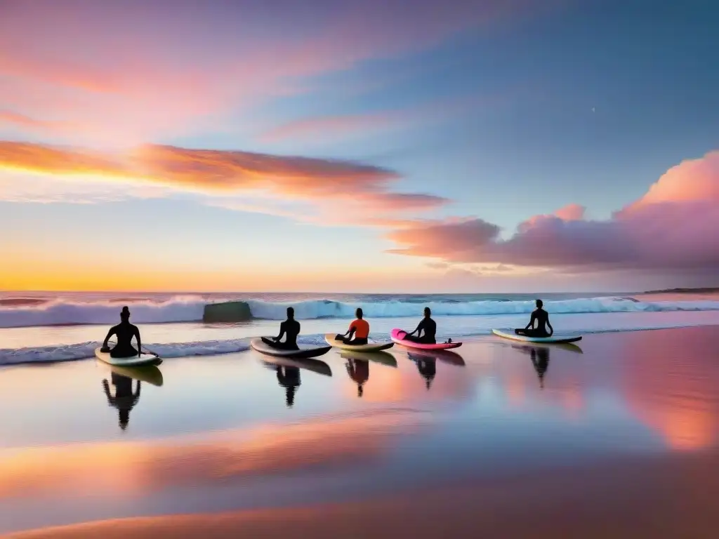 Yoga y surf en Uruguay: Fusión serena de yoga y surf al atardecer, con yoguis en equilibrio sobre tablas de surf en el mar tranquilo y dorado