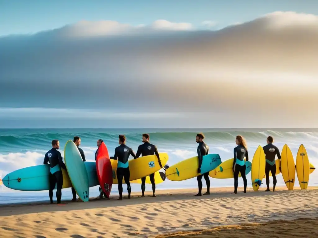 Surf sostenible en Uruguay: Surfistas locales participan en limpieza de playa al atardecer, unidos por la sostenibilidad