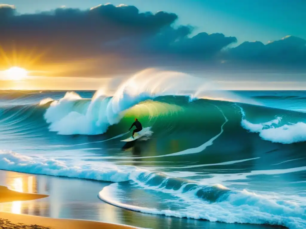 Surf sostenible en Uruguay: Surfistas cabalgan olas al atardecer en Punta del Diablo, con la luz dorada del sol creando una atmósfera mágica