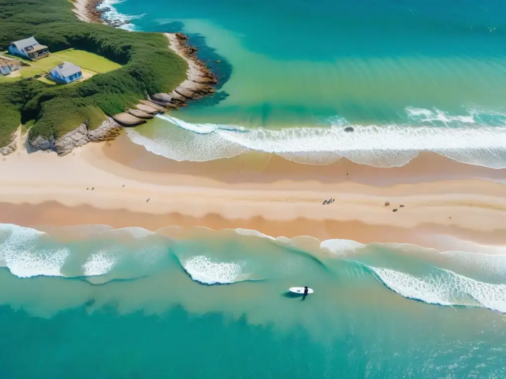 Surf sostenible en Uruguay: surfistas con tablas ecológicas en playa paradisíaca