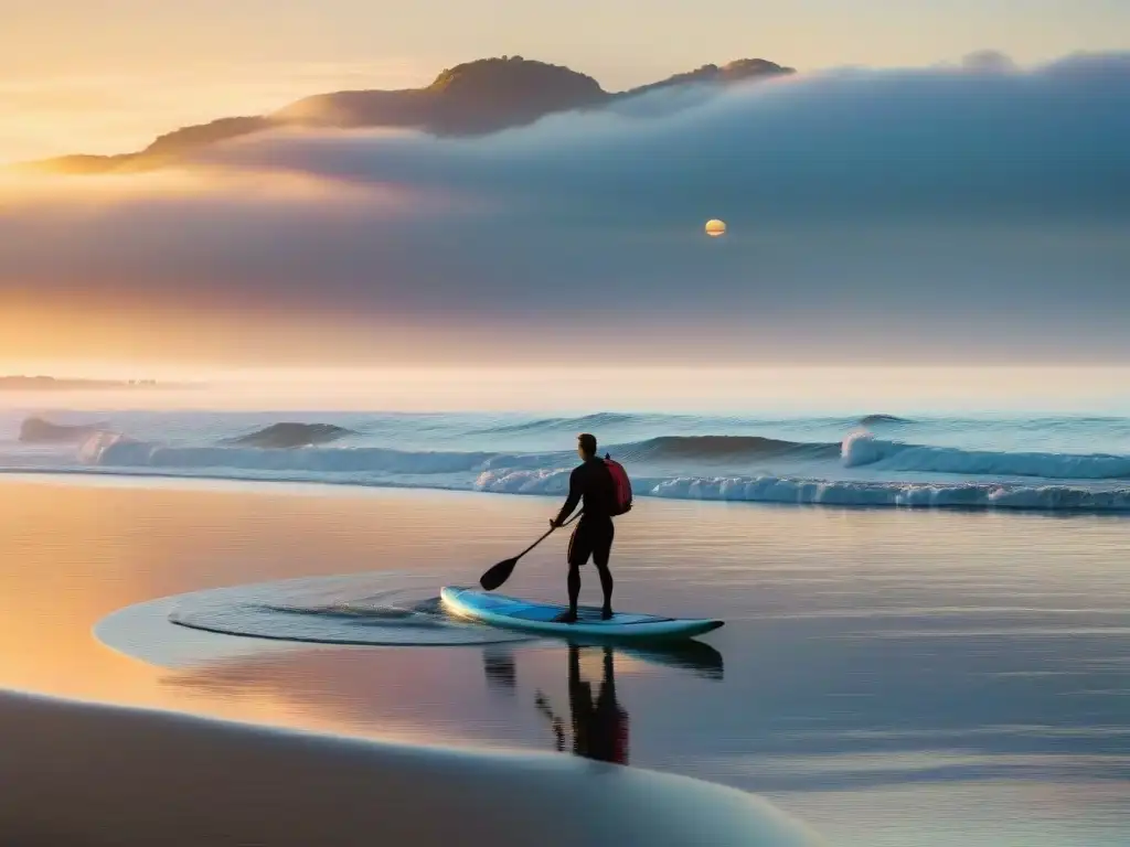 Paddle surfer al amanecer en aguas uruguayas, bajo cielos pastel