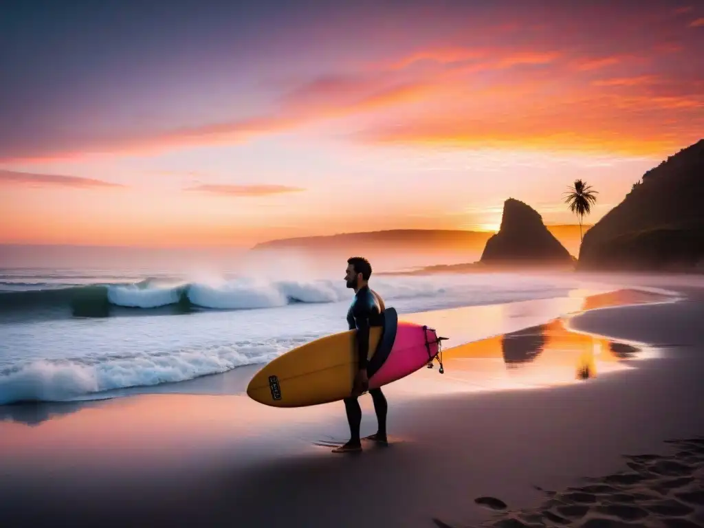 Un surfista encera su tabla al amanecer en una playa de Uruguay, con el cielo reflejándose en las olas