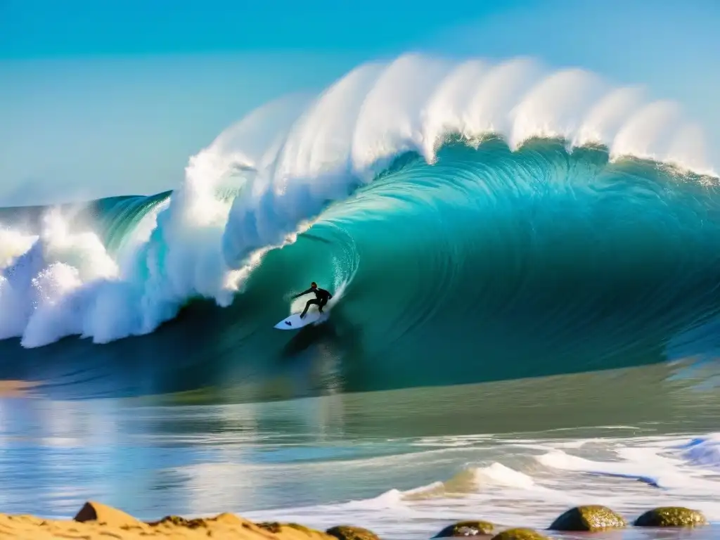 Un surfista experto surfeando una ola perfecta en Punta del Diablo, Uruguay