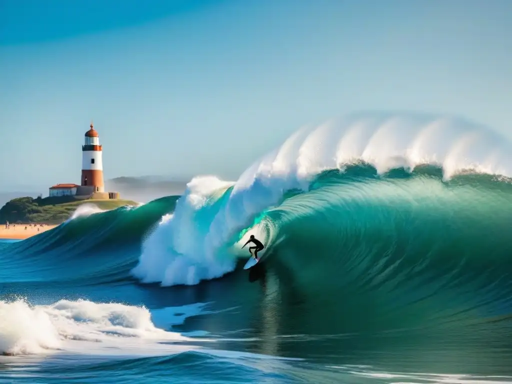 Un surfista experto surfeando una ola en Punta del Este, Uruguay, con el icónico faro de fondo