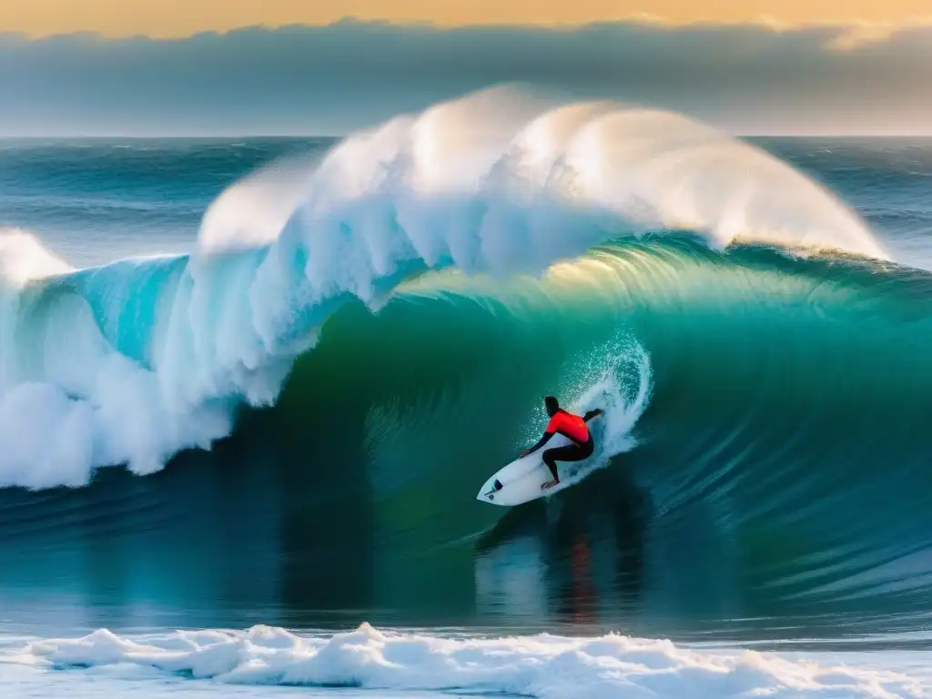 Un surfista cabalga una gigantesca ola al atardecer en Punta del Diablo, Uruguay