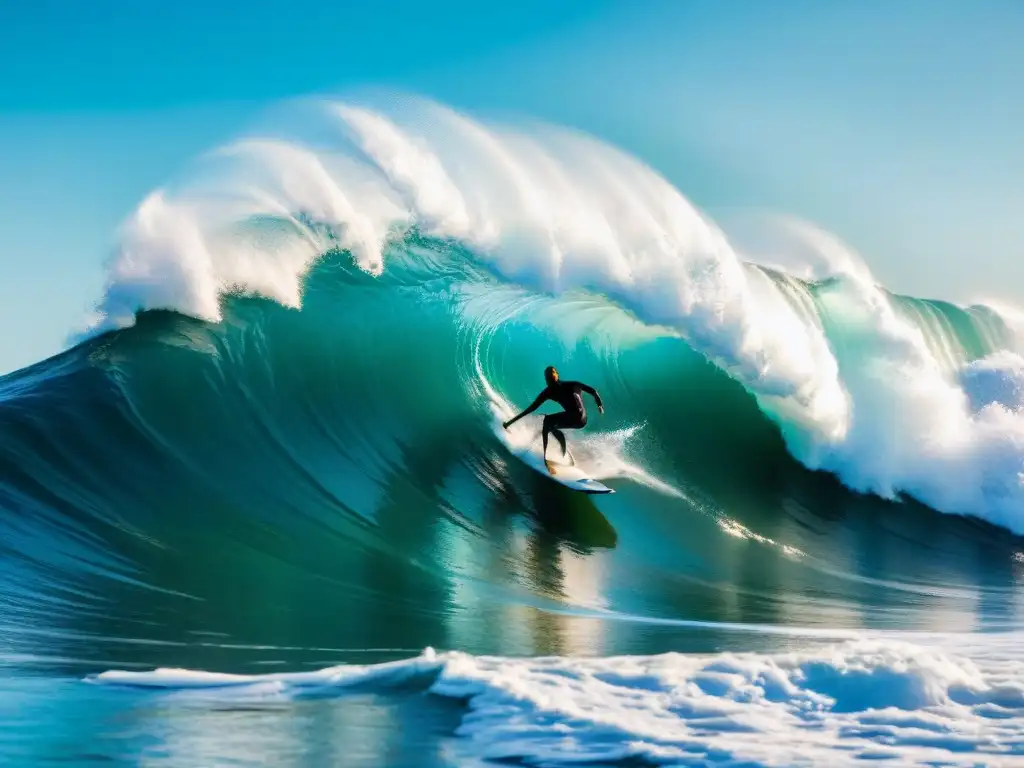 Un surfista hábil desafiando una ola gigante, reflejando la luz del sol