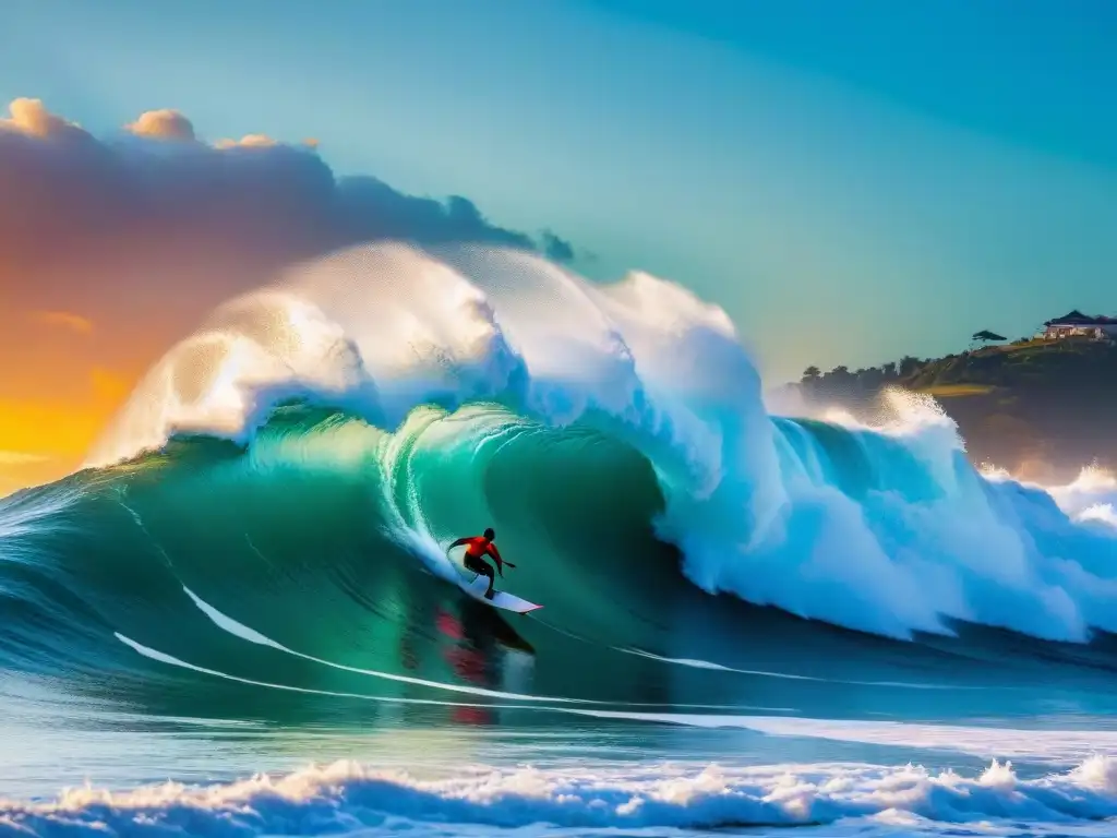 Un surfista hábil surfeando una ola gigante al atardecer en Punta del Este, con colores vibrantes reflejados en el agua y su silueta destacada en el cielo dorado