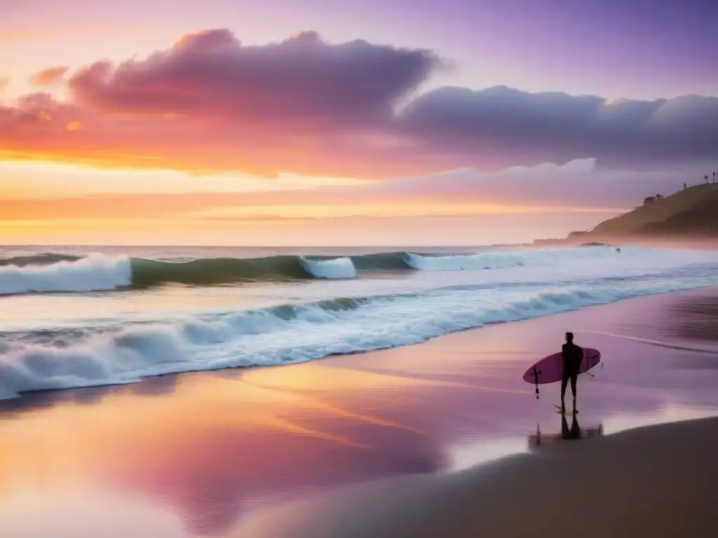 Un surfista camina hacia el mar al atardecer en Uruguay, reflejando el turismo responsable en Uruguay surf