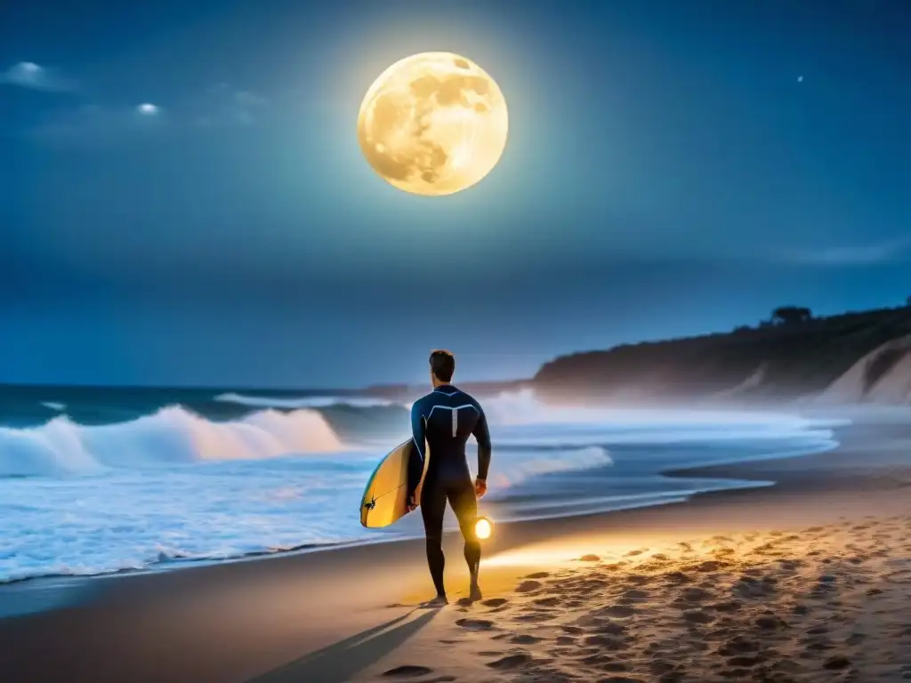 Surfista de noche en Uruguay, iluminado por la luz de la luna, con equipo de surf en la playa