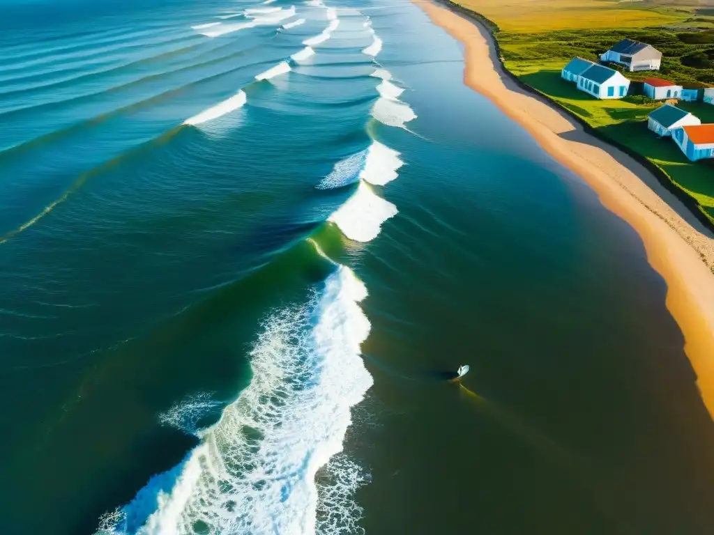 Un surfista surfeando una ola al atardecer en Punta del Diablo, Uruguay