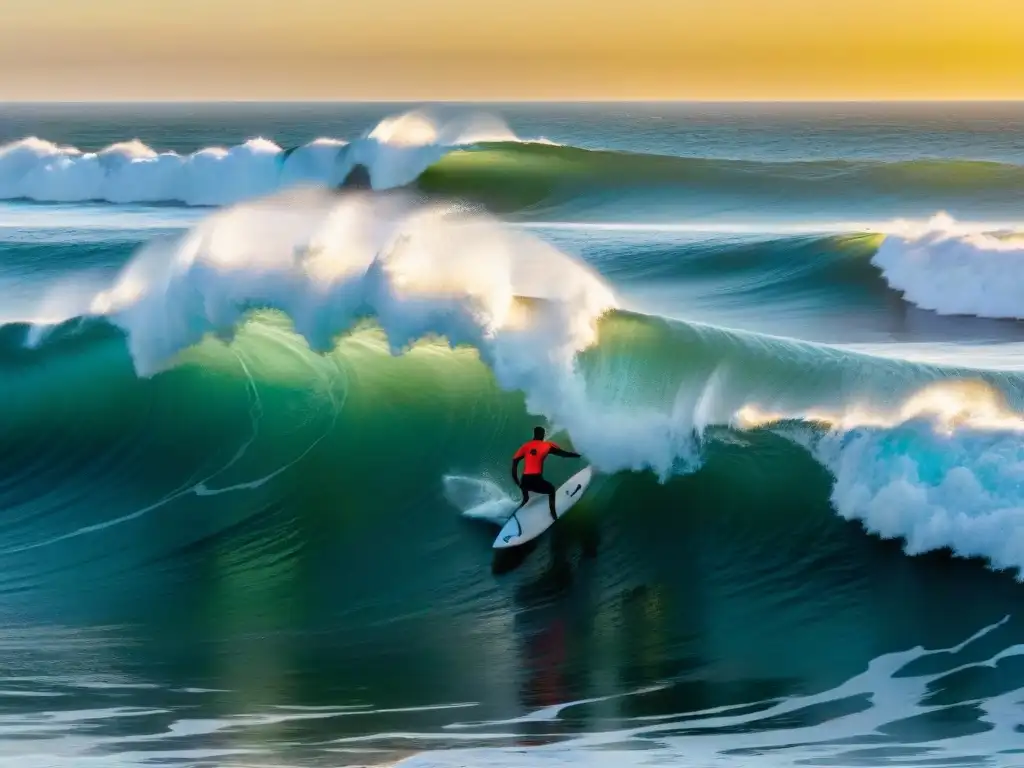 Un surfista cabalga una ola gigante al atardecer en Punta del Diablo, Uruguay