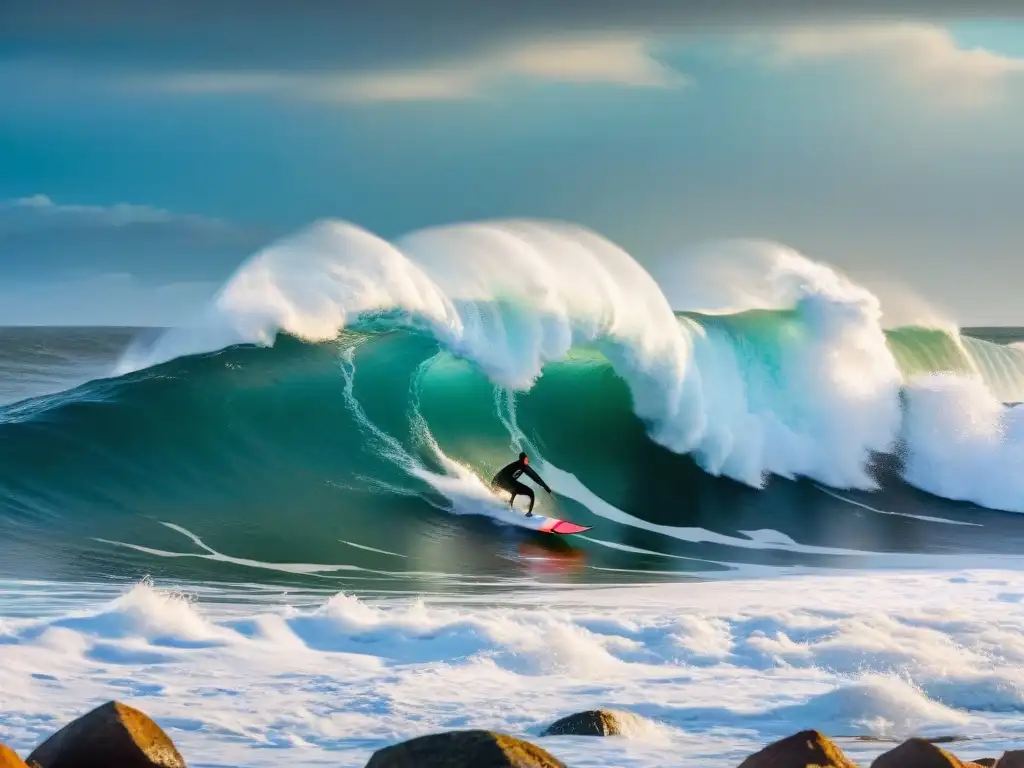 Un surfista desafiando una ola gigante en Cabo Polonio, Uruguay