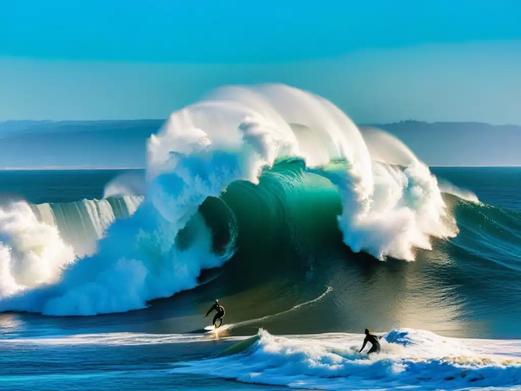 Un surfista desafiando una ola gigante en Punta del Diablo, Uruguay