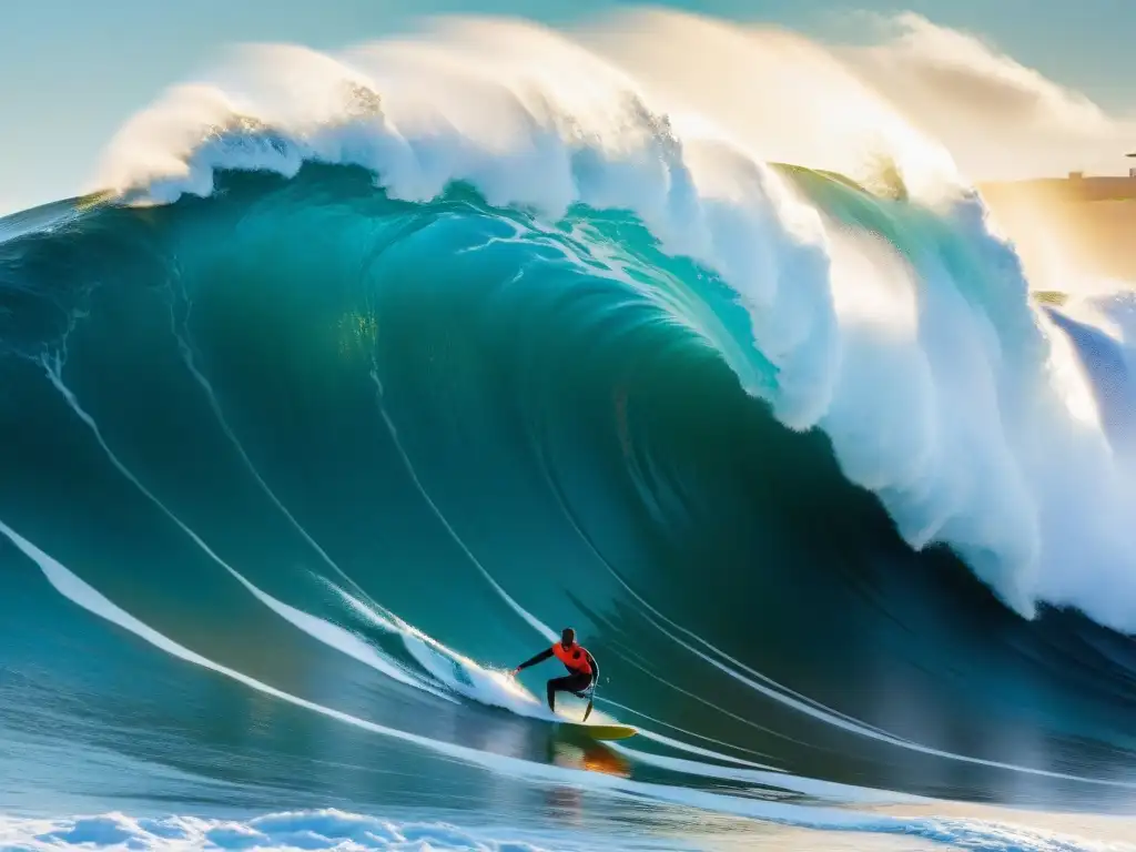 Un surfista desafiando una ola gigante en Punta del Diablo, Uruguay, con el emblemático faro de fondo