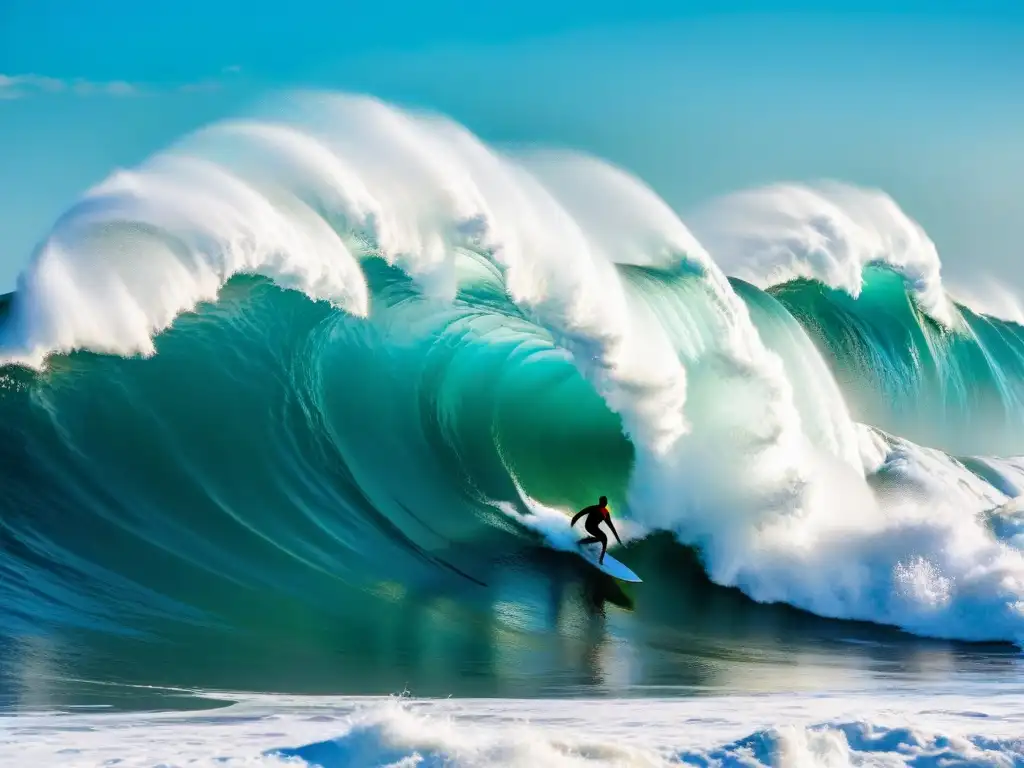 Un surfista desafiando una ola gigante en Punta del Diablo, Uruguay