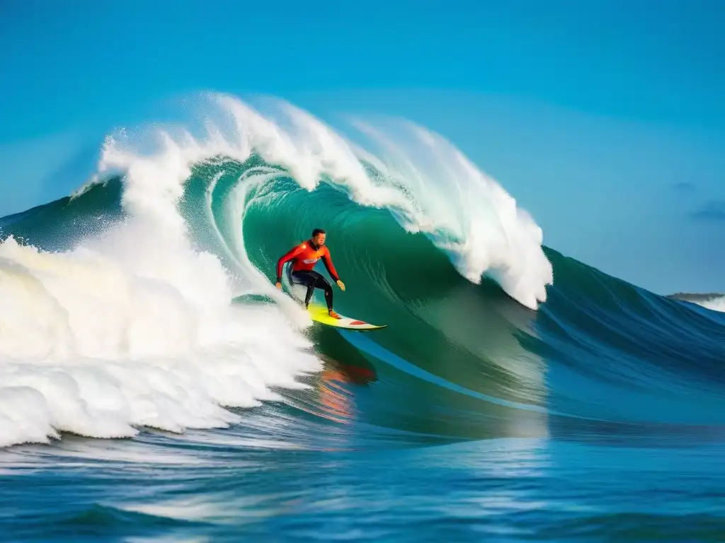 Un surfista desafiando una ola gigante en Punta del Este, Uruguay