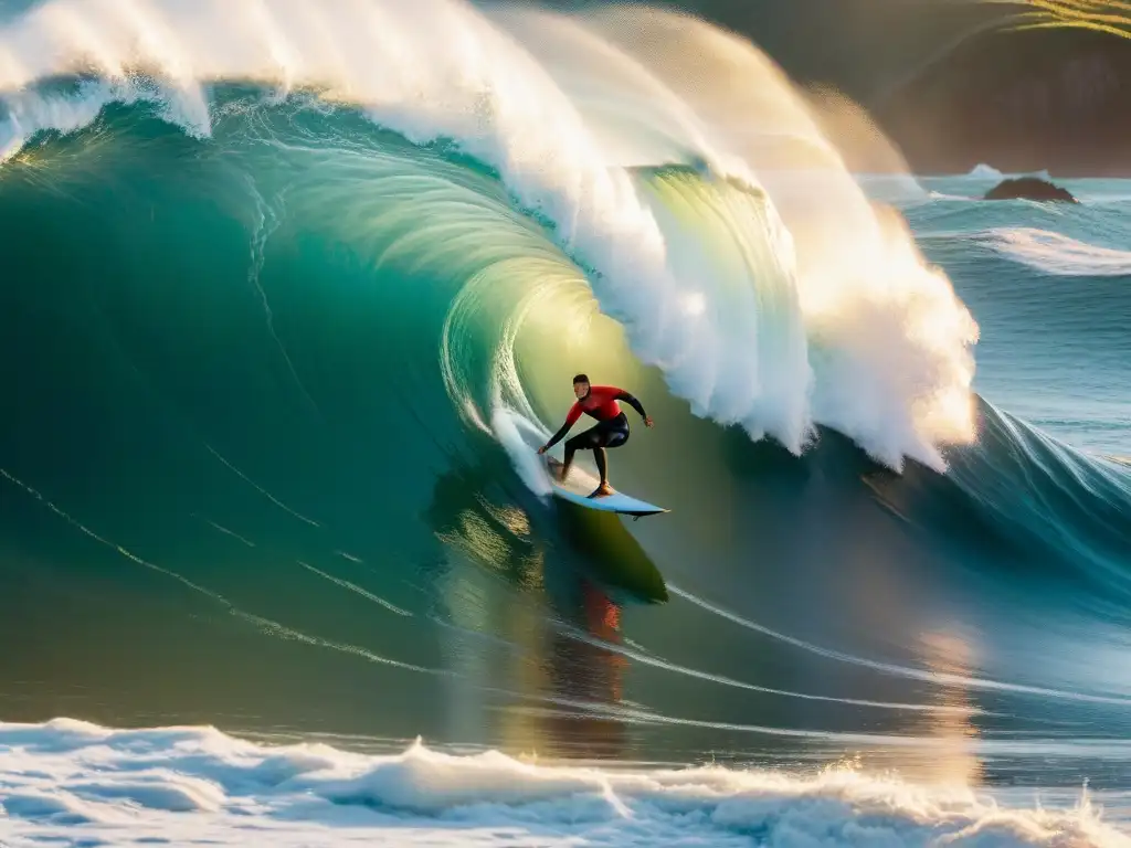 Fotografía de surf en Uruguay: surfista surfeando una ola masiva al atardecer, con la orilla rocosa al fondo