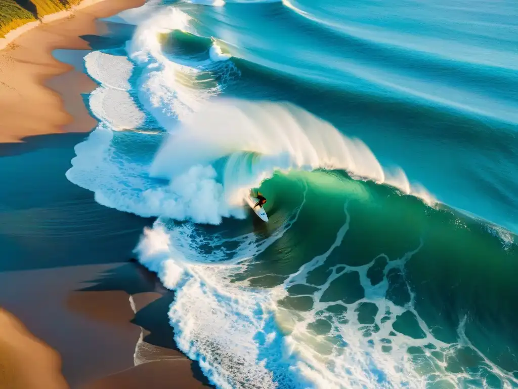 Un surfista atrapando una ola perfecta al atardecer en Punta del Este, Uruguay