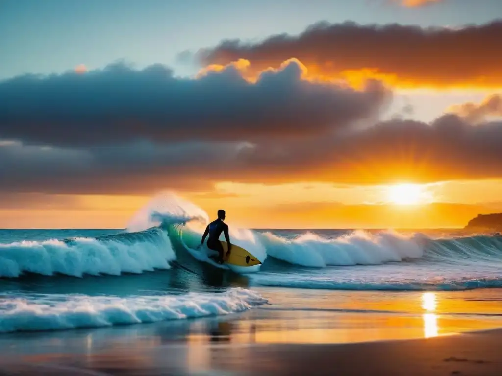 Un surfista atrapando una ola perfecta al atardecer en aguas de Uruguay