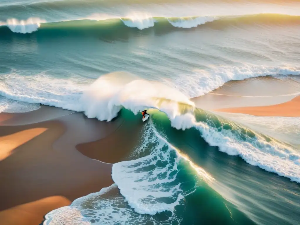 Un surfista surfeando una ola perfecta al atardecer en Punta del Este, Uruguay