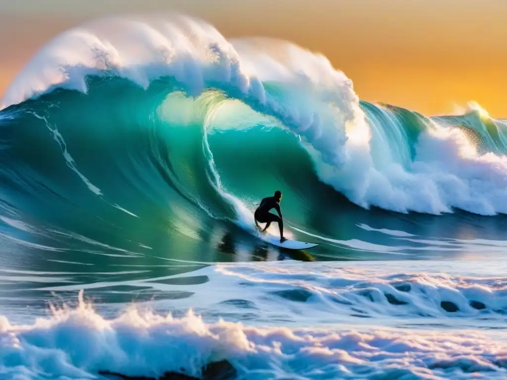 Un surfista desafiando olas gigantes al atardecer en Punta del Este, Uruguay