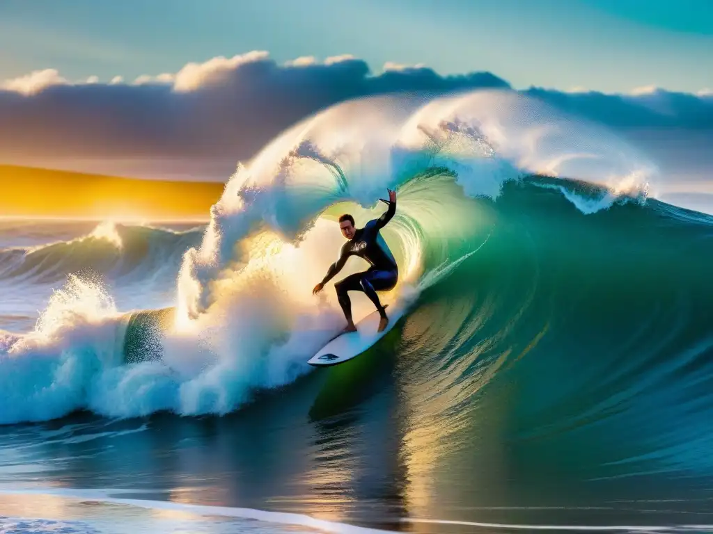 Un surfista conquistando olas en Punta del Diablo, Uruguay, bajo una puesta de sol dorada