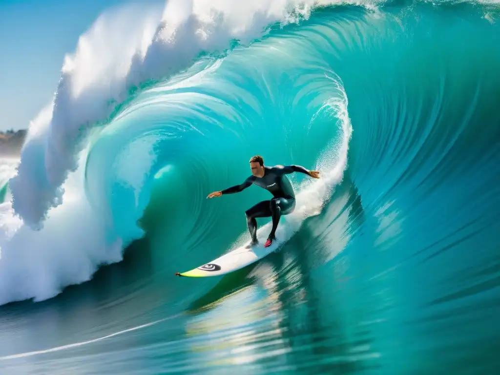 Un surfista profesional surfeando una ola gigante en Punta del Este, Uruguay