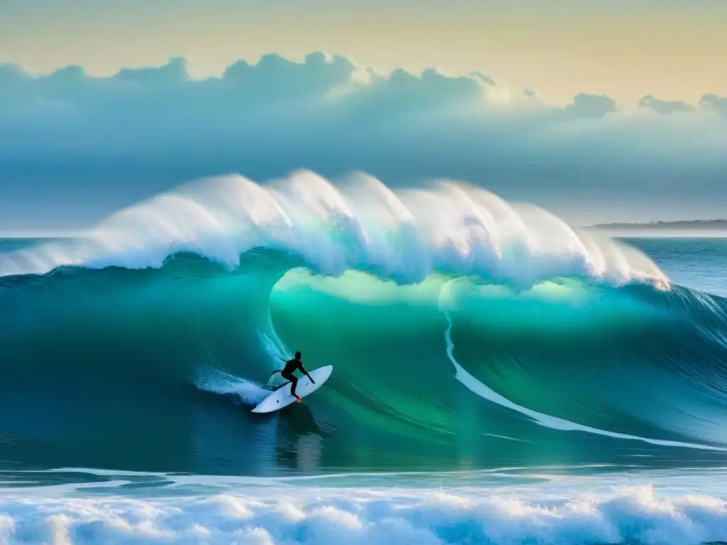 Un surfista solitario cabalga una ola bioluminiscente bajo la luna en el surf nocturno en Uruguay