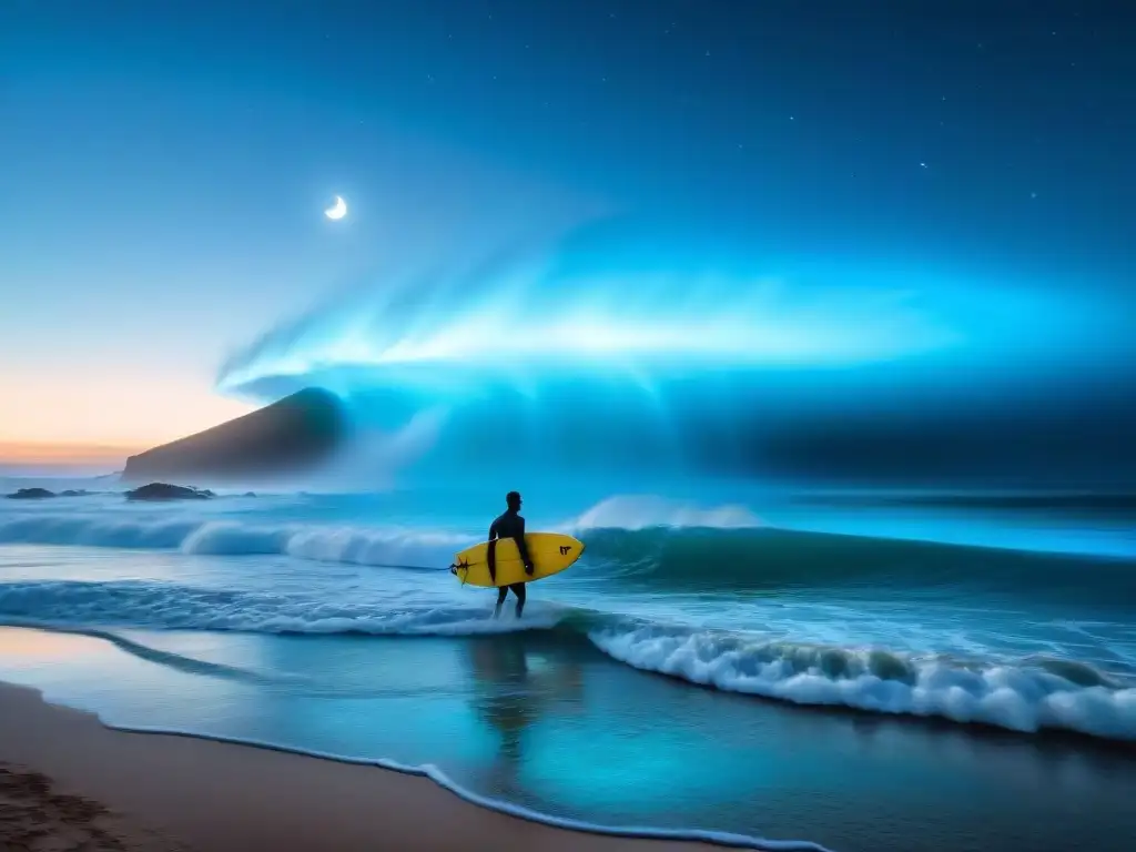 Un surfista solitario surfeando una ola bioluminiscente bajo un cielo estrellado en Uruguay