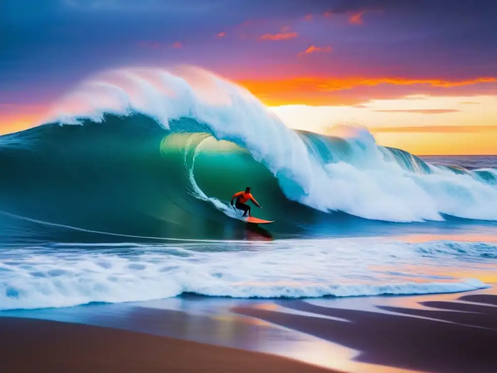 Un surfista solitario surcando una ola gigante al atardecer en Punta del Diablo, Uruguay