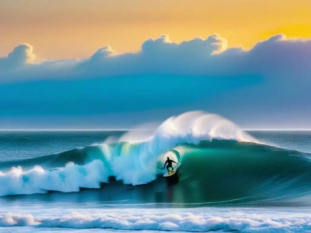 Surfista solitario cabalgando ola gigante al atardecer en Punta del Diablo, Uruguay