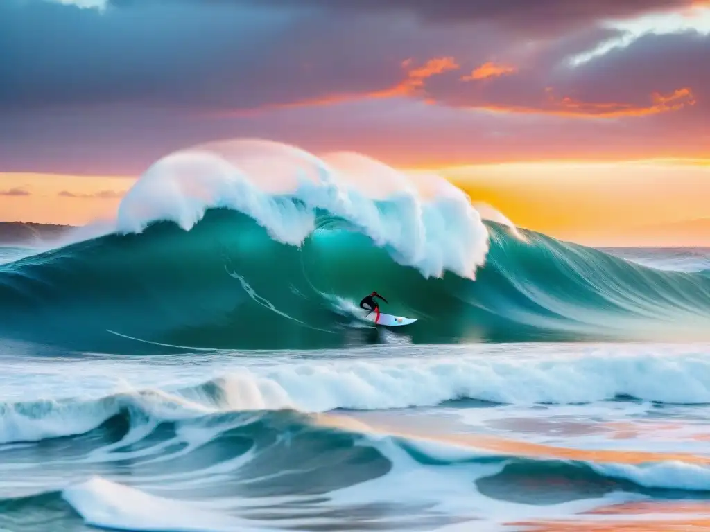 Un surfista solitario surcando una ola gigante al atardecer en Uruguay, reflejando la esencia emocionante de la fotografía de aventura en Uruguay