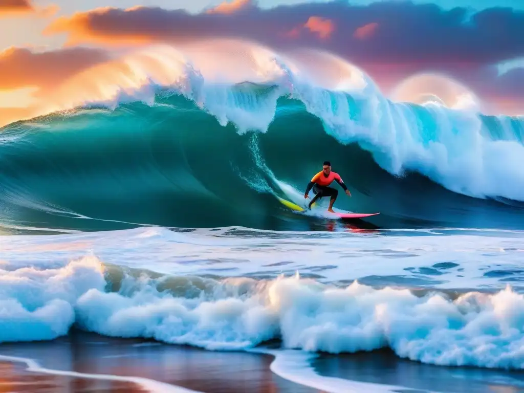 Un surfista solitario surfeando una ola gigante al atardecer, con tonos anaranjados y rosados en el cielo