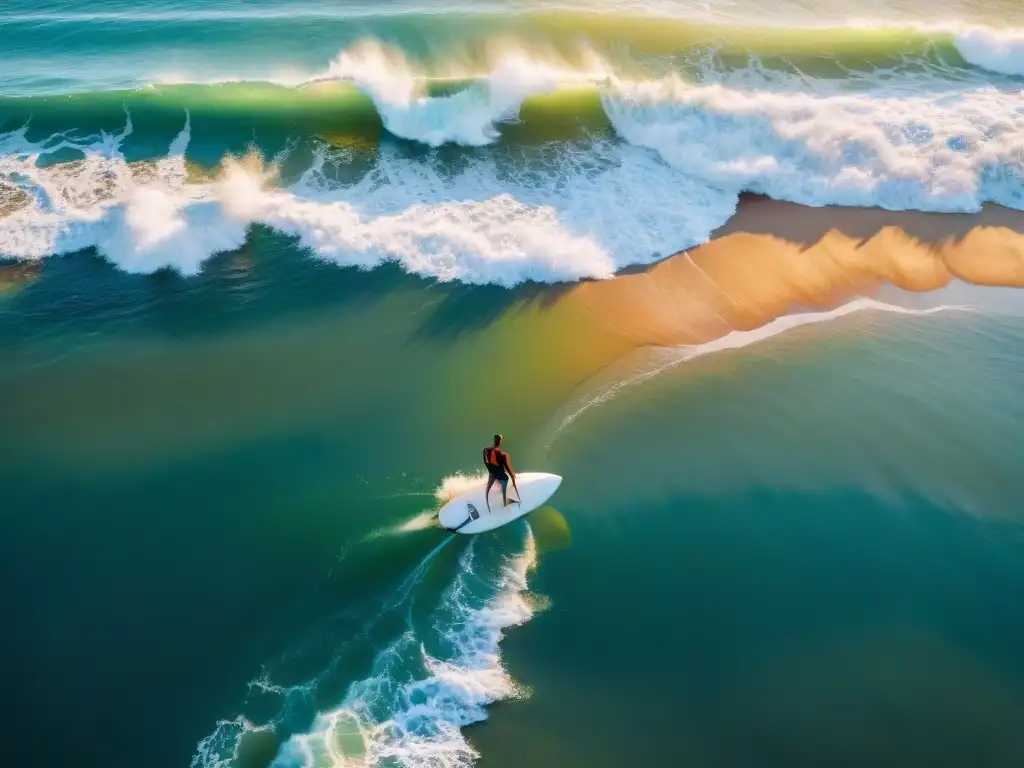 Un surfista solitario surca una ola perfecta al atardecer en una playa secreta de Uruguay, invitando a descubrir su belleza