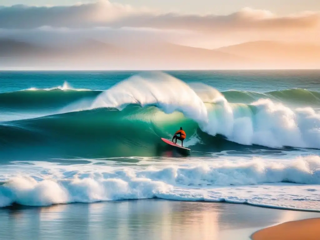 Un surfista solitario surca una ola perfecta al atardecer en la playa La Paloma, Uruguay