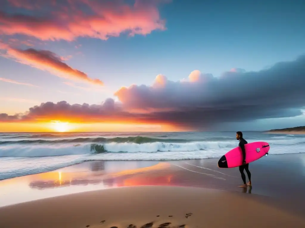 Un surfista solitario en una playa de Uruguay al atardecer, con un ambiente de serenidad y aventura