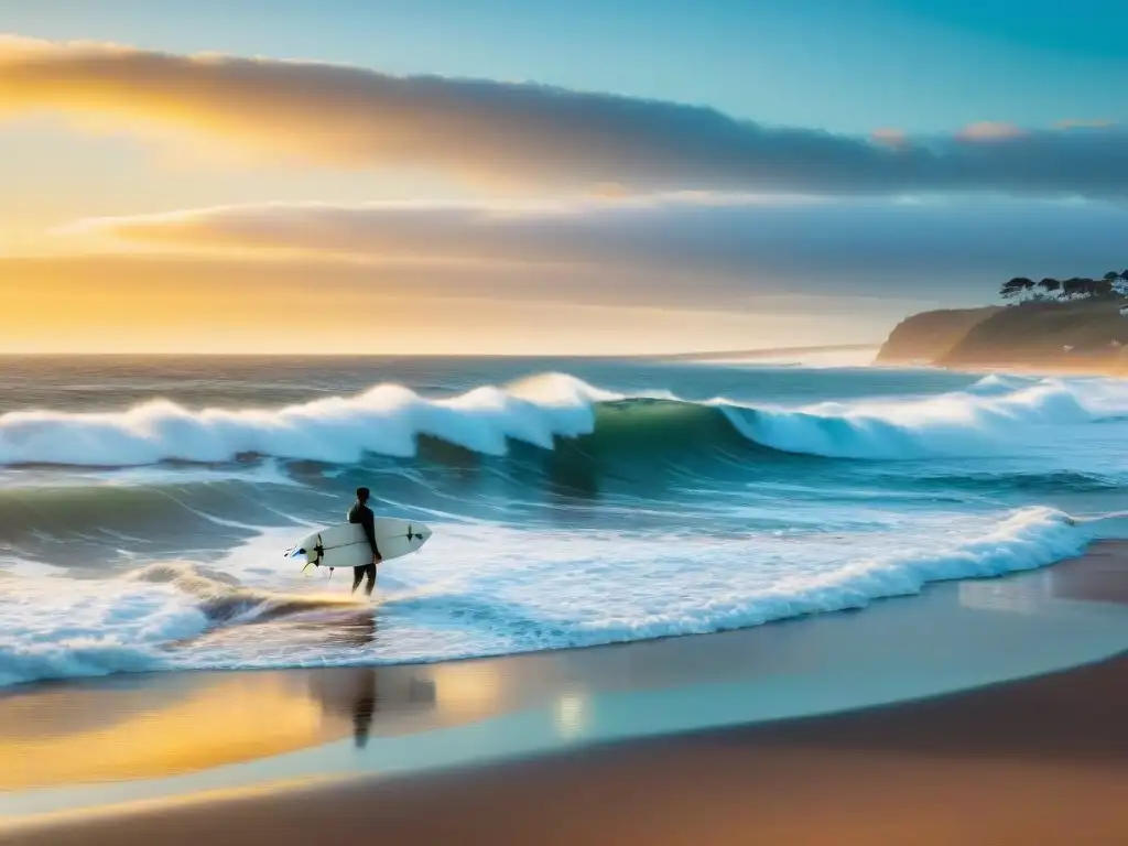 Surfista solitario en tabla de surf para Uruguay surfeando al atardecer en Playa Brava, Punta del Este