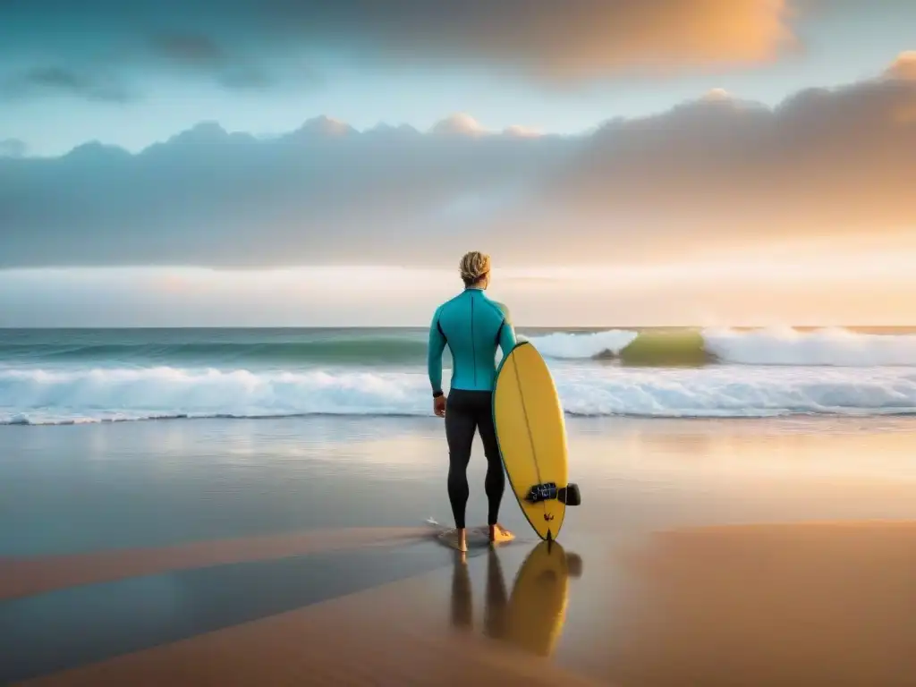 Surfista encerando su tabla en playa uruguaya al amanecer, reflejos pastel en el mar