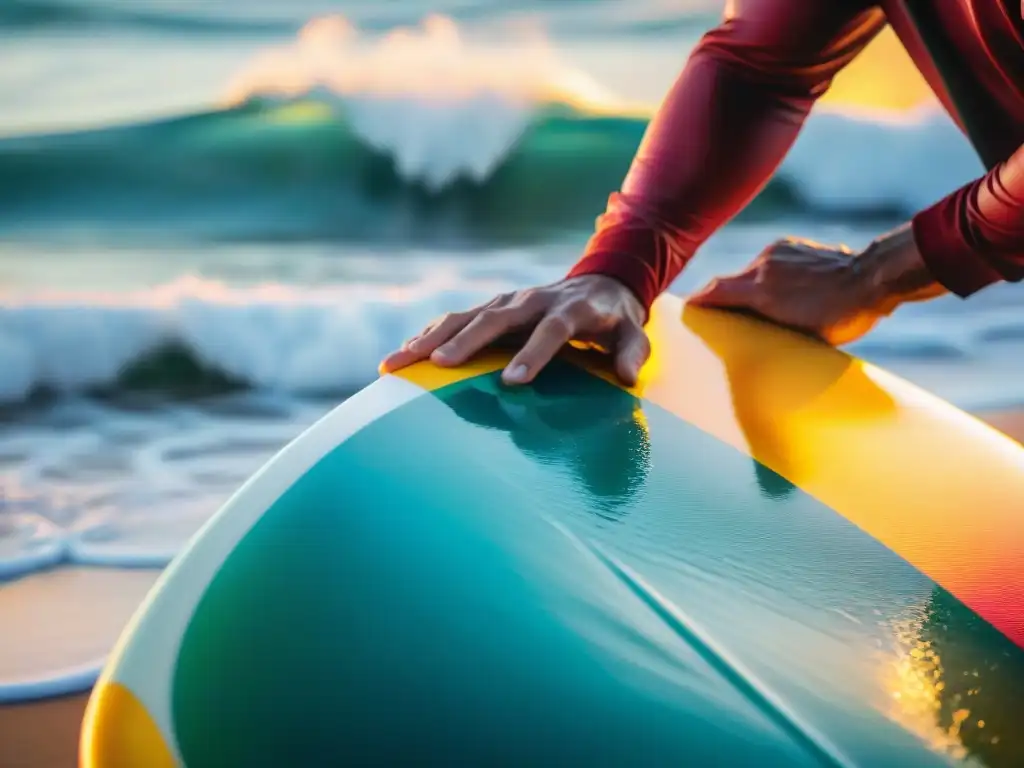 Un surfista encerando una tabla vibrante en la costa de Uruguay, mostrando la preparación en playas escondidas perfectas para surfear