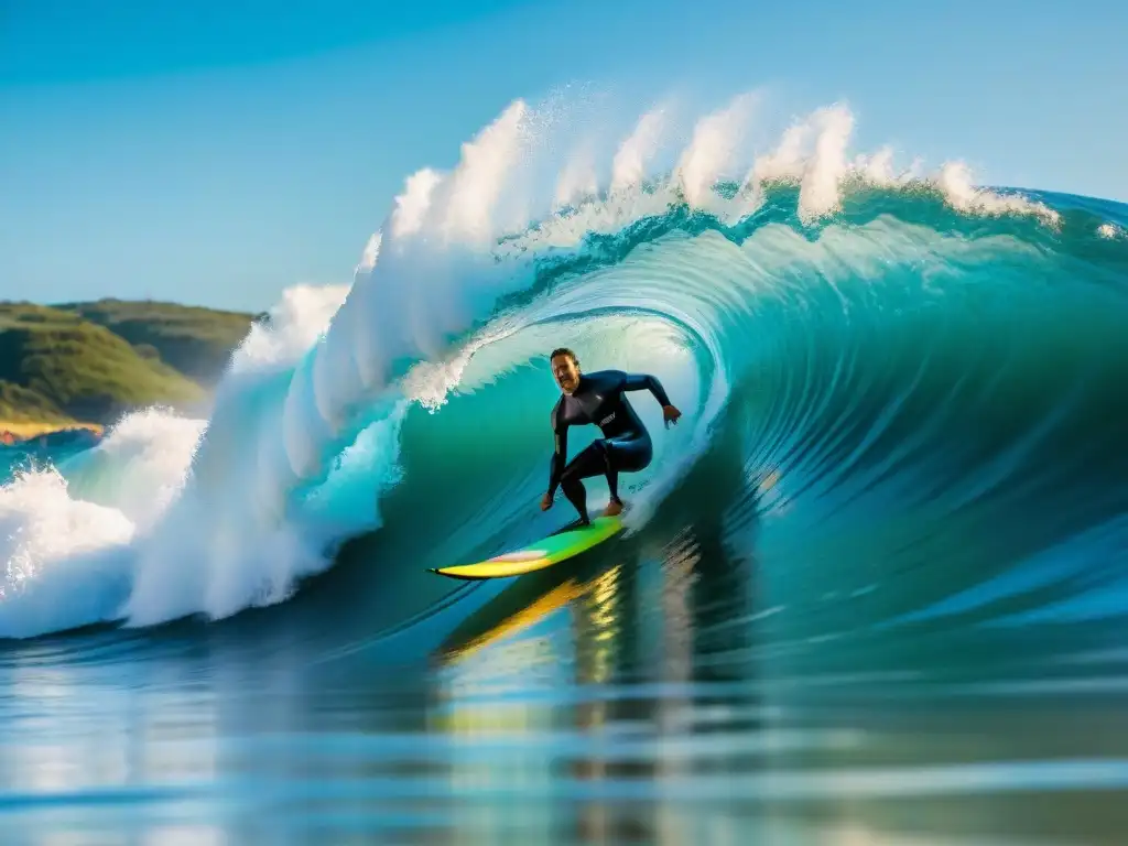 Un surfista emerge triunfante de una ola cristalina en Uruguay